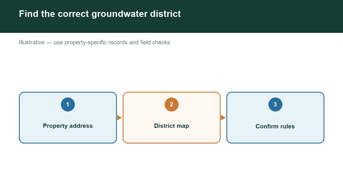 Diagram showing find the correct groundwater district with labeled stages or factors.