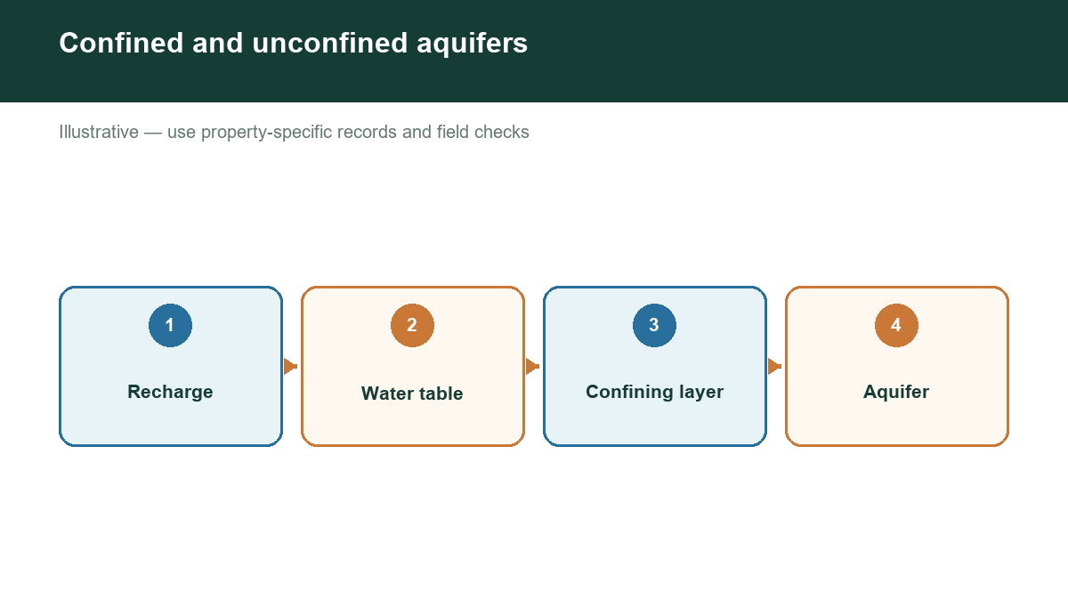 Diagram showing confined and unconfined aquifers with labeled stages or factors.