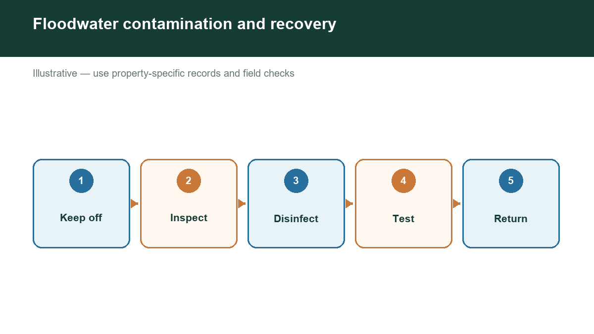 Diagram showing floodwater contamination and recovery with labeled stages or factors.