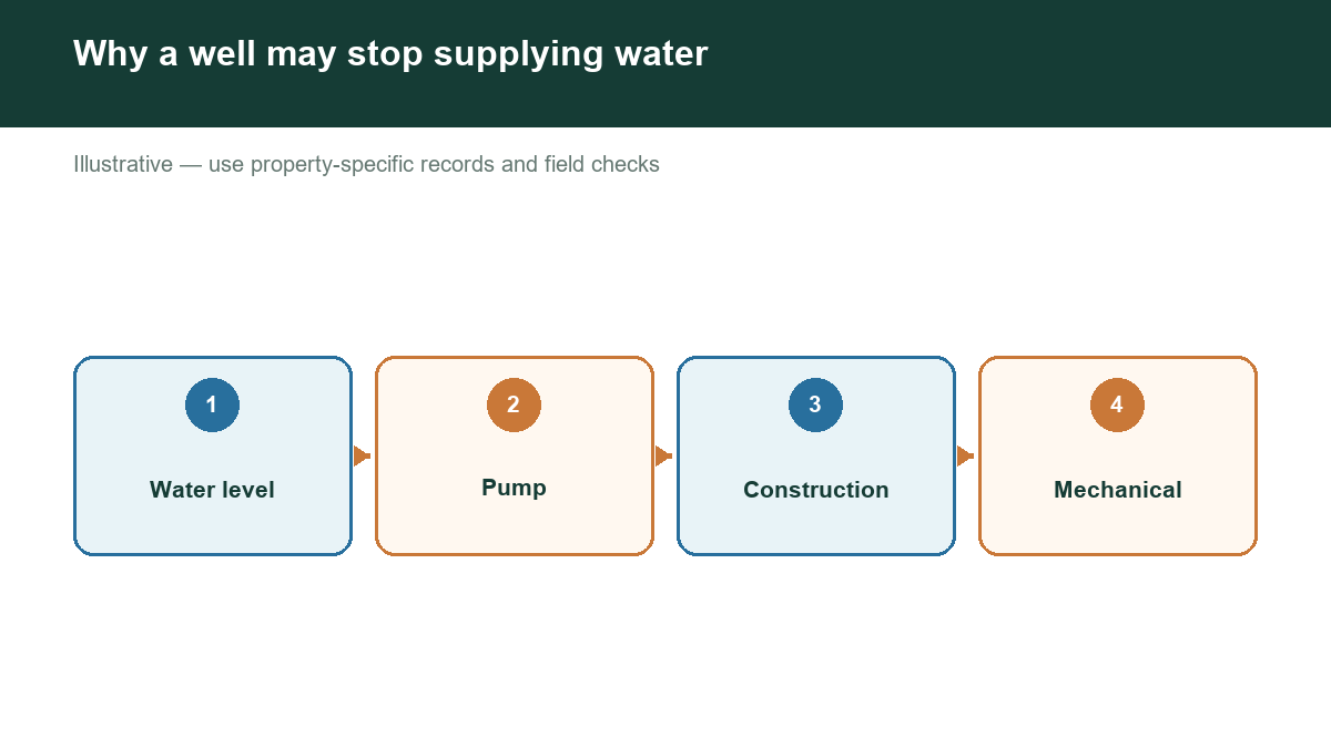Diagram showing why a well may stop supplying water with labeled stages or factors.